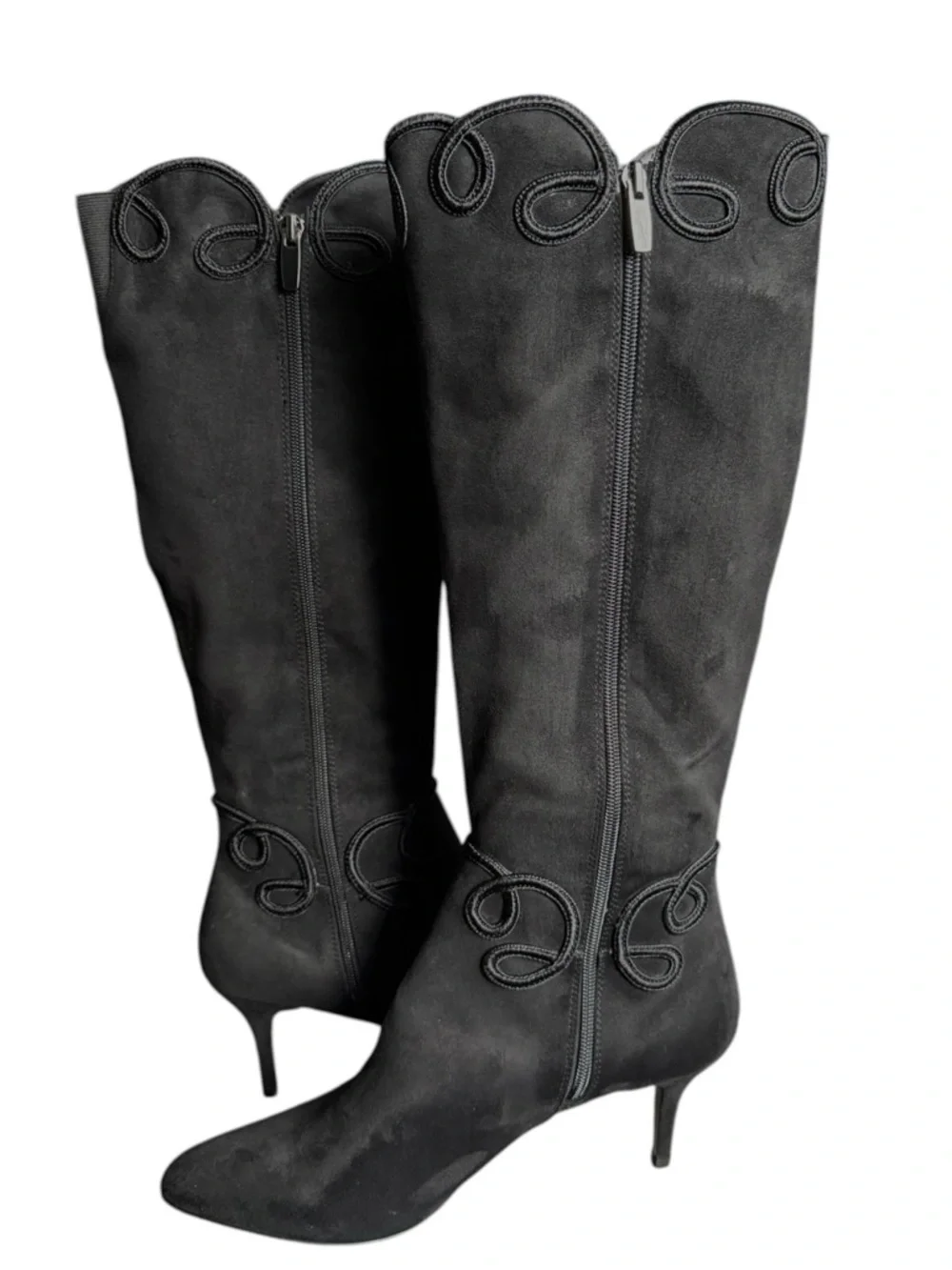 J.Renee Black Suede Knee High Boots Embroidered Pointed Toe Heel 11M Women